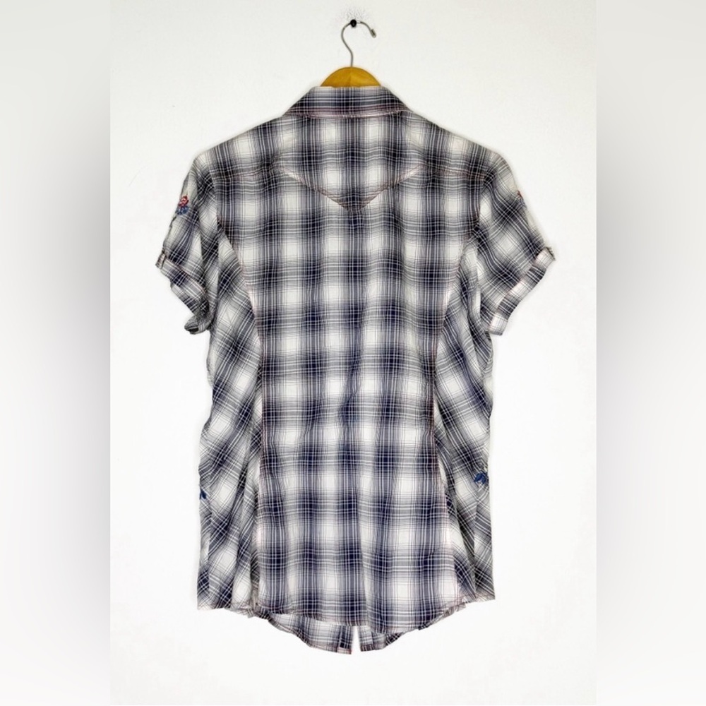 Johnny Was Black White Plaid Button-Down Shirt with Red & Blue Floral Embroidery - Picture 3 of 5